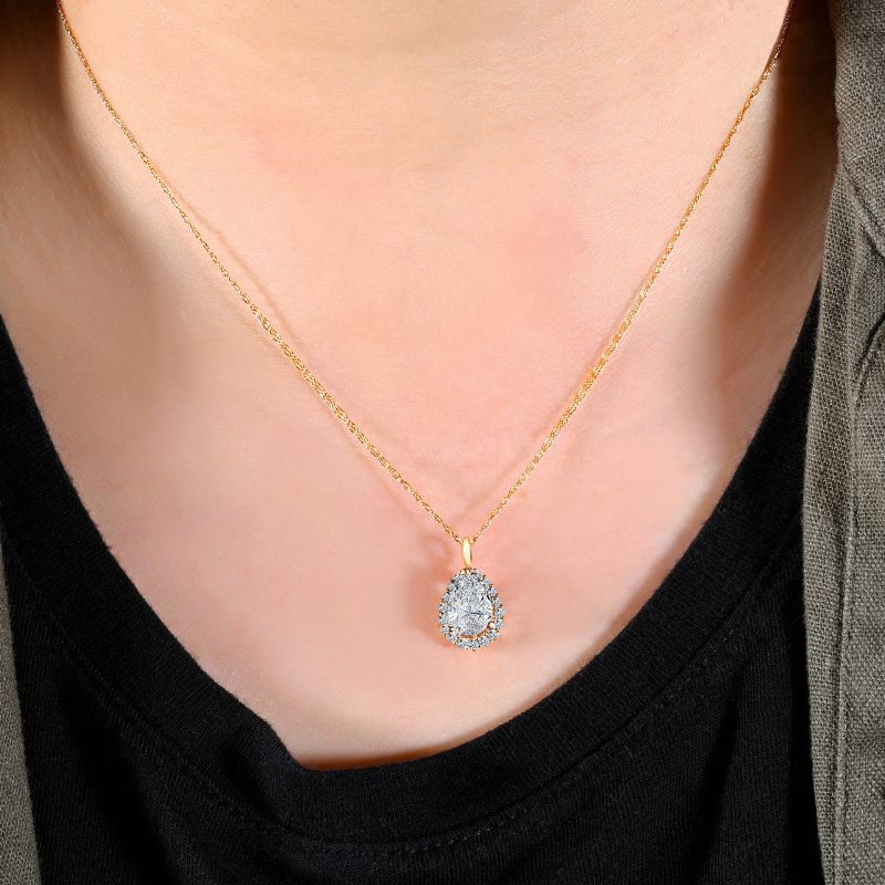 Pompeii3 2 1/6 Pear Shape Moissanite & Lab Created Diamond Halo Pendant 14k Gold Necklace, 4 of 6