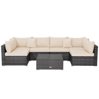 Tangkula Set of 7 Patio Wicker Furniture Set Outdoor Rattan Sectional Sofa with Seat & Back Cushions 2 Throw Pillows Mix Grey & Beige