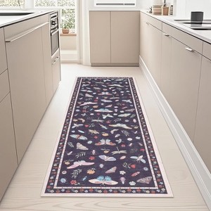 Floral Insect Print Washable Area Rugs for Living Room, Modern Non Slip Low Pile Area Rug - 1 of 4