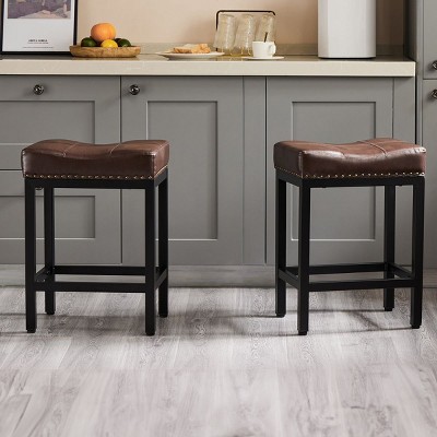 Saddle Bar Stools Set of 2,Backless Faux Leather Cushioned Counter Height Barstools,Kitchen Breakfast Stools,Dressing Table Stool-Cuddlewood