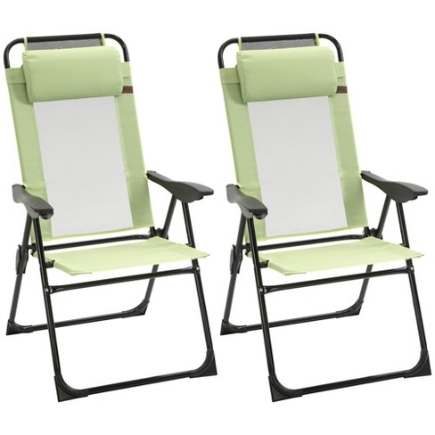 Outsunny Set of 2 Folding Patio Chairs Camping Chairs with Adjustable Sling Back Removable Headrest Armrest for Garden Backyard Lawn Green