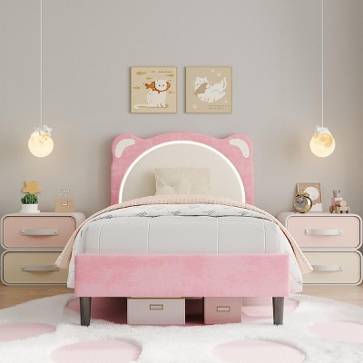 Bed Frame for Kids, Upholstered Platform Bed Frame with Adjustable Headboard & Led Light, Wooden Slats Support, No Box Spring Needed