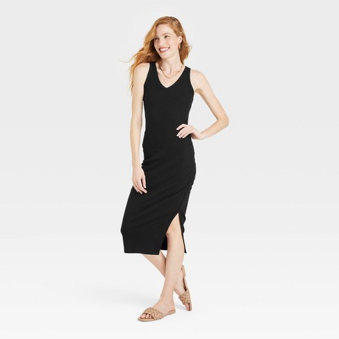 Women's Rib Knit Side Ruched Dress - A New Day™ Black XS