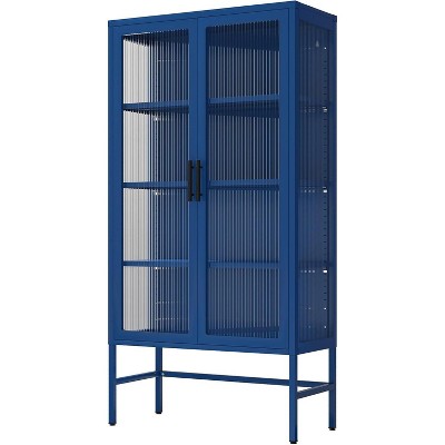Storage Cabinet with Double Glass Doors, Bookshelf Cabinet with 3-Tier Adjustable Shelves and Feet Cold-Rolled Steel Sideboard for Home, Living Room