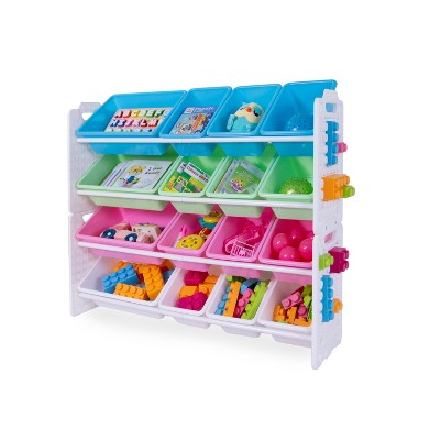 UNiPLAY Toy Organizer With 16 Removable Storage Bins and Block Play Panel, Multi-Size Bin Organizer