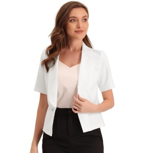 Allegra K Women's Regular Fit Shawl Collar Open Front Short Sleeve Work Office Suit Blazer - 1 of 4