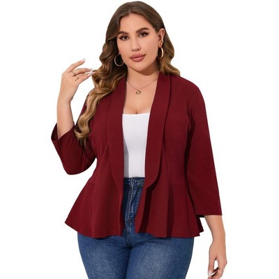 Whizmax Women Plus Size Casual Blazer Open Front Long Sleeve Work Office Cardigan Jackets,wine red,XL