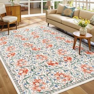 Floral Area Rug for Living Room Bedroom Soft Washable Vintage Rug Non Slip Low Pile Floor Carpet - 1 of 4