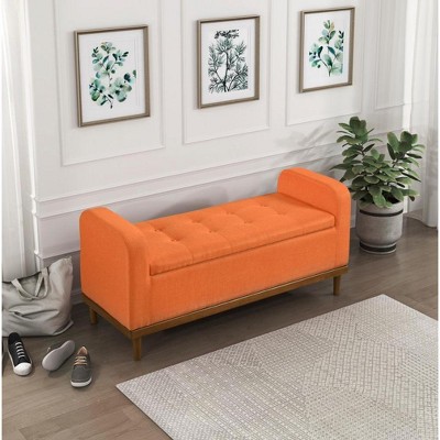 Vynxaria Mid-Century Modern Lift Top Storage Bench 1pc Tufted Orange Upholstered Solid Wood Walnut Finish Wooden Furniture