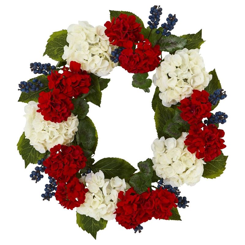 Nearly Natural 21” Geranium and Blue Berry Artificial Wreath, 1 of 2