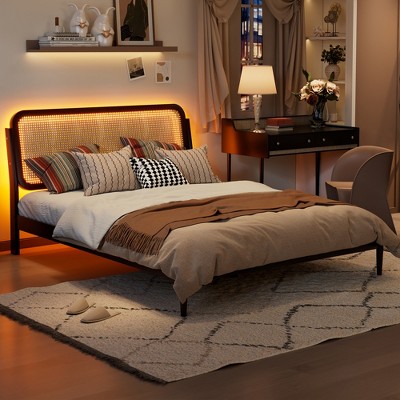 Whisen Queen Size Wood Storage Platform Bed with LED Light and Rattan Headboard