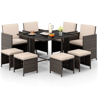 Costway 9 PCS Patio Dining Set with Tempered Glass Table & Ottoman Removable Cushions off-White/Beige