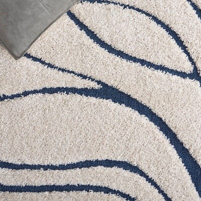 Cream and Blue Round Hand-Knotted Shag Area Rug