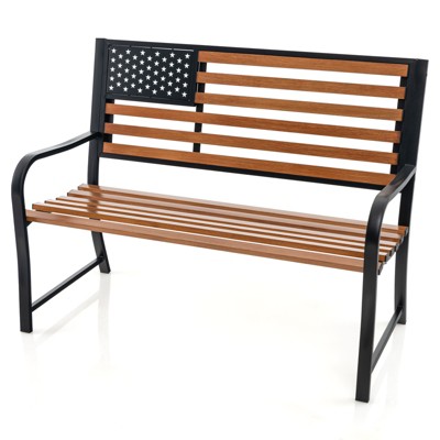Tangkula 50” Outdoor Garden Bench 2-Person Metal Patio Chair with Flag Pattern Backrest & Rustic Wood Grain Finish