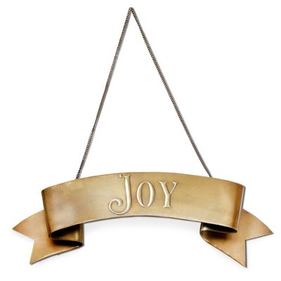 tag Joy Hanging Door Sign - Antique Brass Gold Wall Art Decor for Christmas - 13.5" x 1.5" x 16" - Wipe Clean Iron Panel