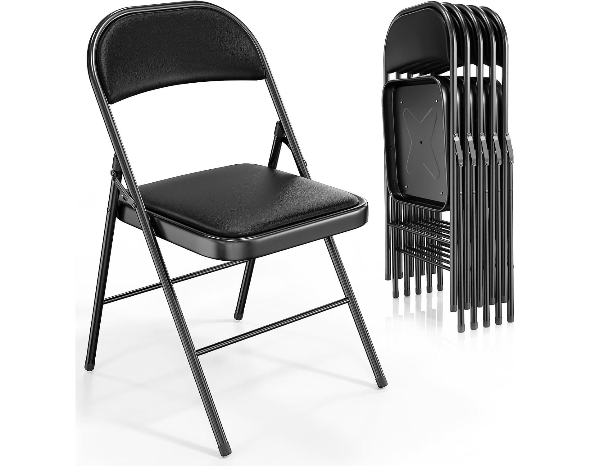 VINGLI 6 Pack Folding Chairs with Padded Seats, Metal Frame with Pu Leather Seat & Back, Capacity 350 lbs, Black