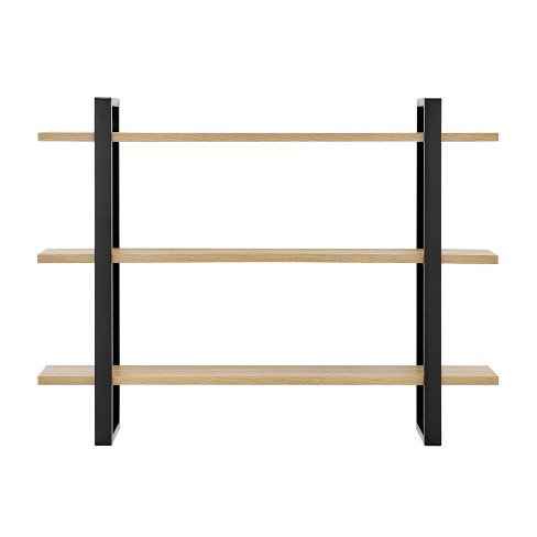 Danya B. Modern 2-Tier Hanging Bracket Wall Shelves in Black Metal and White Birch Finish