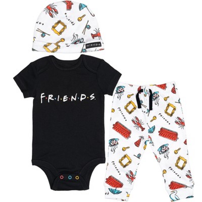 Image of FRIENDS Infant Baby Boys Bodysuit Pants and Hat 3 Piece Outfit Set Black 12 Months