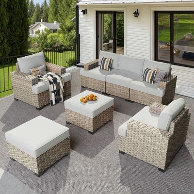 XIZZI All-Weather Rattan Furniture, Sectional Sets w/ Optional Solar Light-Up Coffee Table & Ottoman, Choose 6-9pc Configs in 8 Fade Resistant Colors