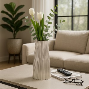 Decorative Large Metal Vase for Living Room Decor - Sculptural Flower Vase - Ribbed Vase for Tabletop Accent, Bedroom, or Home Decor - 22", Silver - 1 of 4