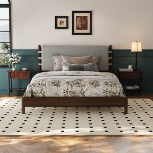 Christopher Knight Home Evelyn Mid-Century Modern Rubberwood Bed with Upholstered Headboard - 1 of 4