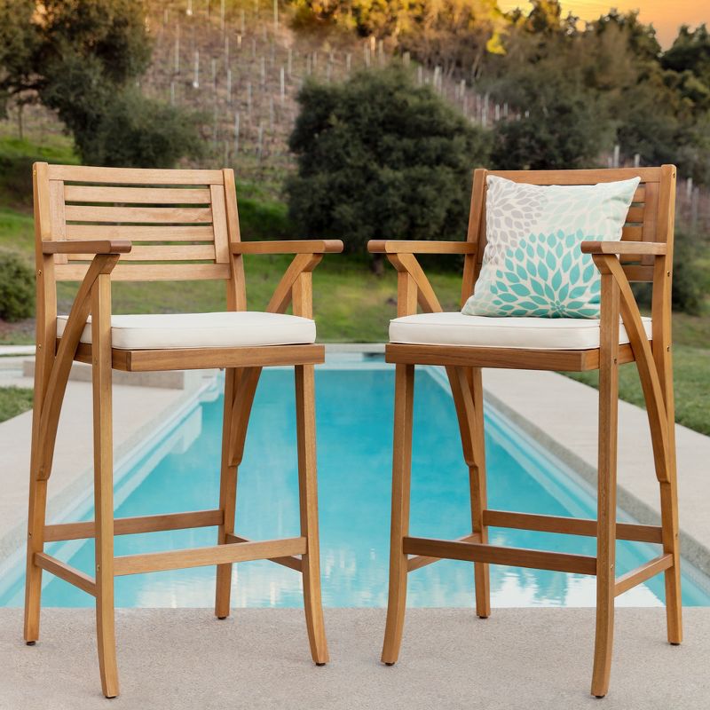 Best Choice Products Set of 2 Outdoor Acacia Wood Bar Stools Bar Chairs w/ Weather-Resistant Cushions - Teak Finish, 2 of 10