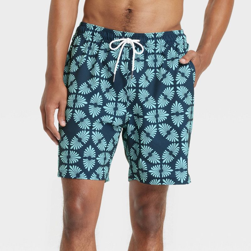 Men's 7" Leaf Print Swim Shorts with Boxer Brief Liner - Goodfellow & Co™ Navy Blue, 1 of 6