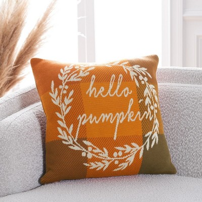 Hello Pumpkin Orange Cotton Thanksgiving Pillow 19" x 19"