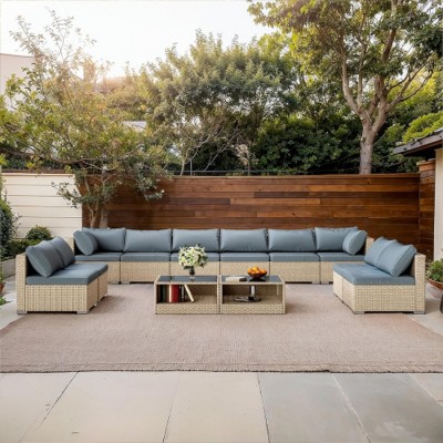 12-Piece Modular Wicker Patio Sofa Set with Cushions and 2 Coffee Tables, Outdoor Conversation Furniture for Backyard or Garden – The Pop Home