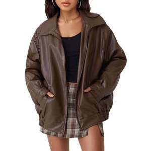 Women's Oversized Leather Jackets Plus Size Faux Suede Jackets Fall Fashion Motorcycle Bomber Coats Long Sleeve Winter Outfits - 1 of 4