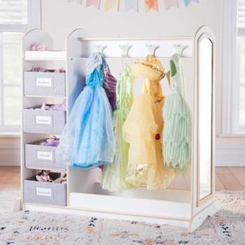 Guidecraft EdQ Dress Up Storage with Bins: Children's Wooden Costume Closet Organizer Wardrobe and Mirror for Kids' Room and Classroom