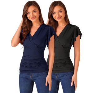 INSPIRE CHIC Women's Summer V Neck Ruffle Sleeve Casual Faux Wrap Blouse 2 Packs - 1 of 4