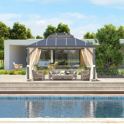 12' x 14' Aluminum Frame Hardtop Gazebo with Curtains and Netting