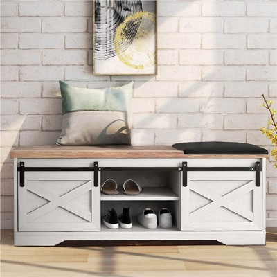 47 inch Modern Shoes Bench with Double Sliding Barn Door, Thickened Cushion, Farmhouse Entryway Storage Bench for Entryway, Hallway