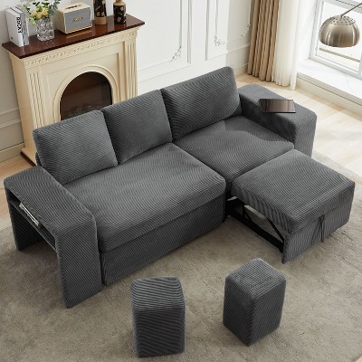 Hyleory 92.91" Corduroy Upholstered Sleeper Sectional Sofa, L-Shaped Sleep Couch Bed Modular Sofa bed with Armrests for Living Room,Dark Gray
