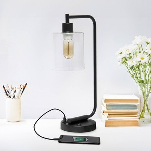 Creekwood Home Vintage Vantage 18.8" Curved Arm Desk Lamp with Glass Shade and USB Ports - 1 of 4