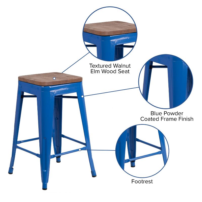 Emma and Oliver 24"H Backless Blue Metal Counter Height Stool with Wood Seat, 5 of 14