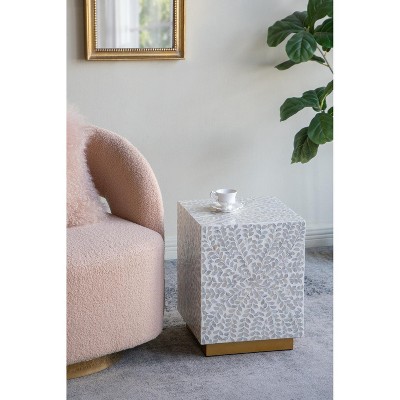 HDZNVF 14x14x18 inch Square Accent End Table with White Shell Finish and Gold Pedestal Base