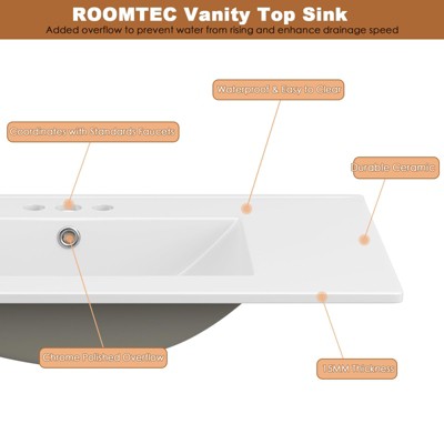 White Ceramic 30" Vanity Top Bathroom Sink with Three Holes