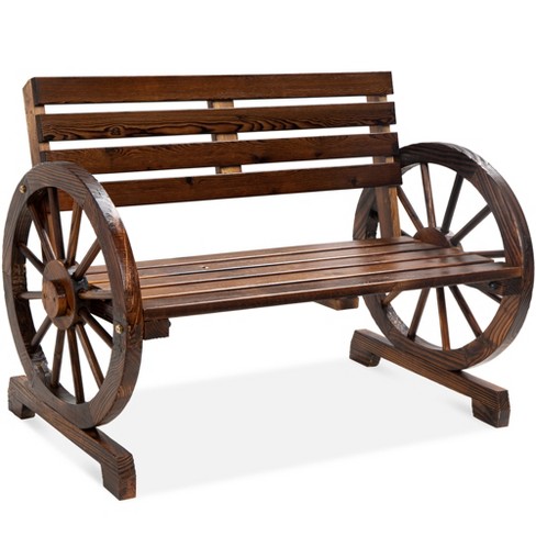 2 Person Wooden Wagon Wheel Bench, Wooden Garden Wagon