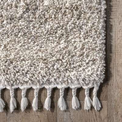 Ivory Plush Braided Tassel Shag Area Rug, 6'7" x 9'