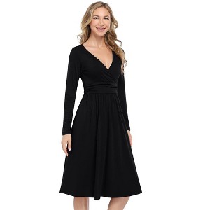 V Neck Casual Dress Long Sleeve Empire Waist Wrap Midi Party Dresses with Pockets - 1 of 4