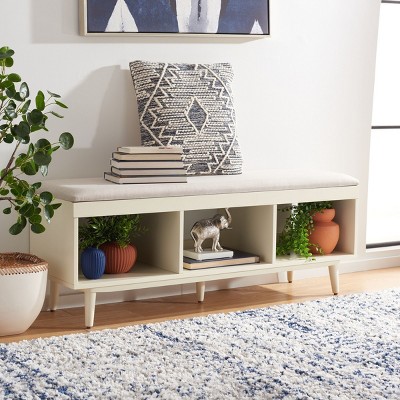 Nordic Natural Acacia Bench with Linen Cushion and Open Shelves