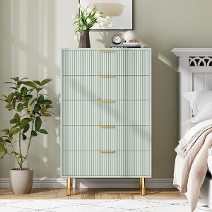 TROPOW Green Dresser, Modern 5 Drawer Dresser for Bedroom with Gold Handle and Large Drawer, Wood Double Chest of Drawers,Green - 1 of 4