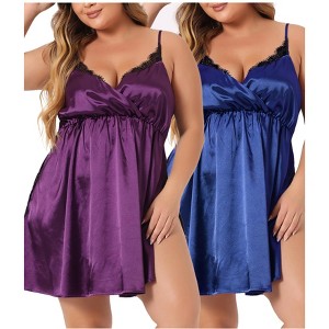 Agnes Orinda Women's Plus Size Side Slit Lace Trim Deep V Satin Sleeveless Packs Nightgowns - 1 of 4