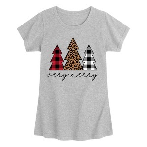 Girls' - Instant Message - Very Merry Plaid Leopard Trees Fitted Short Sleeve Graphic T-Shirt - 1 of 4