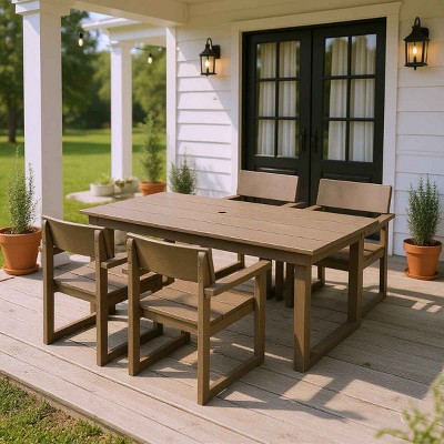 Modern 5 PCS Outdoor Dining Set, Rectangular Dining Table with Umbrella Hole, Dining Armrest Chair with Eco-Friendl HDPE Frame-Coolbibila