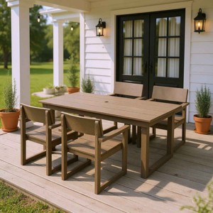 Modern 5 PCS Outdoor Dining Set, Rectangular Dining Table with Umbrella Hole, Dining Armrest Chair with Eco-Friendl HDPE Frame-Coolbibila - 1 of 4