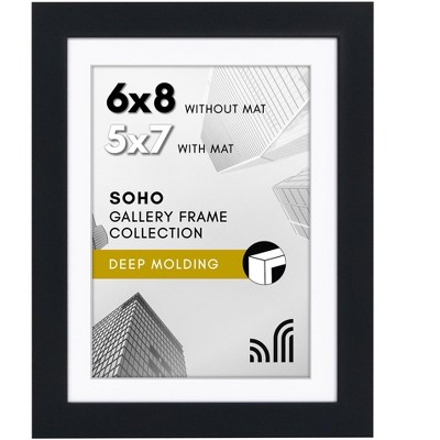 Americanflat 6x8 Picture Frame with Shatter-Resistant Glass - 5x7 with Mat or 6x8 Without Mat - Soho - Deep Molding Picture Frames - Black