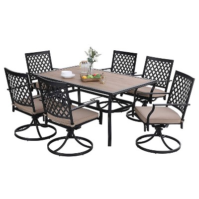 7pc Patio Dining Set with Rectangular Faux Wood Table and Umbrella Hole & Swivel Chairs with Removable Cushions - Captiva Designs